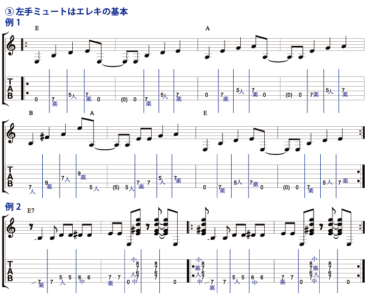 ３）左手のミュートはエレキの基本