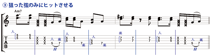 ３）狙った弦のみにヒットさせる