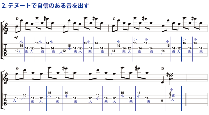 ２）テヌートで自信のある音を出す