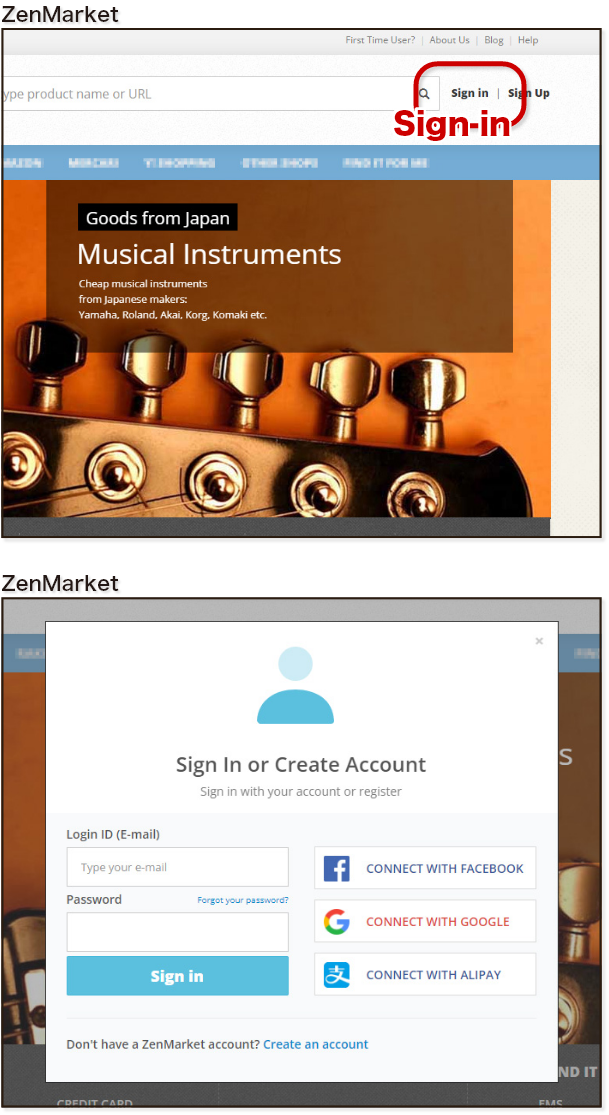 Please Sign in or Create your Zenmarket account first. There is the link "Sign in" on the upper right of the page. Once you click, you will be taken to the pop-up page as shown below.